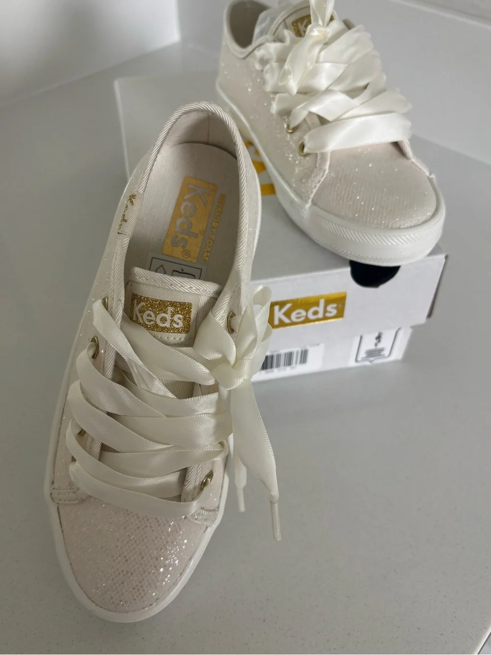 Keds Kids Satin Lace-Up Sneakers - Ivory Glitter